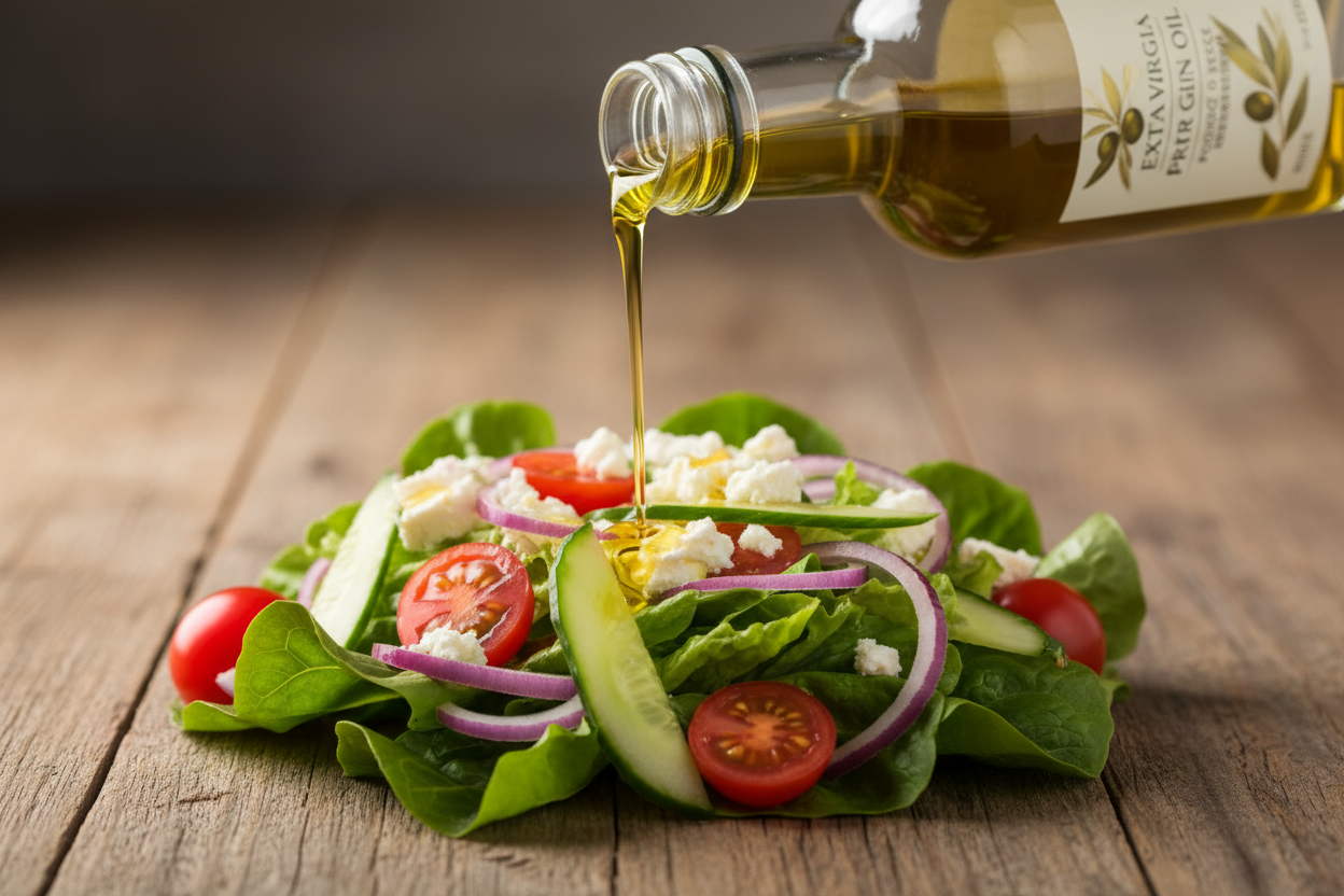 Huile d'olive versé sur une salade 